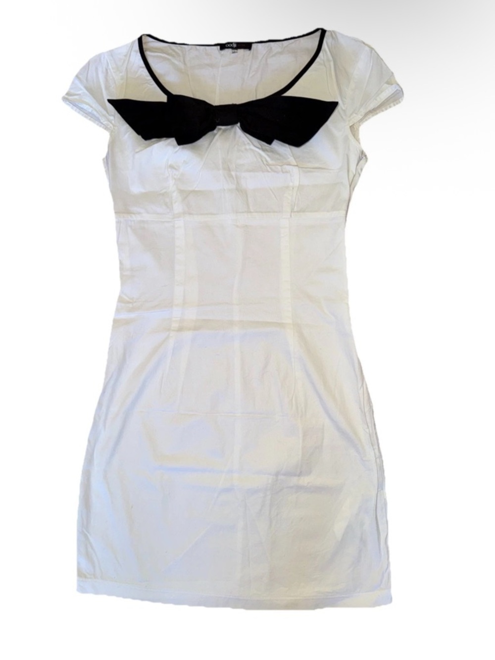 Women Sz XS White Retro Vintage Mini Short Dress With Front Black Bow Cotton